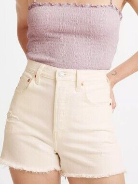 Levi's Ribcage White Denim Cutoff Shorts with Frayed Hem Size 29